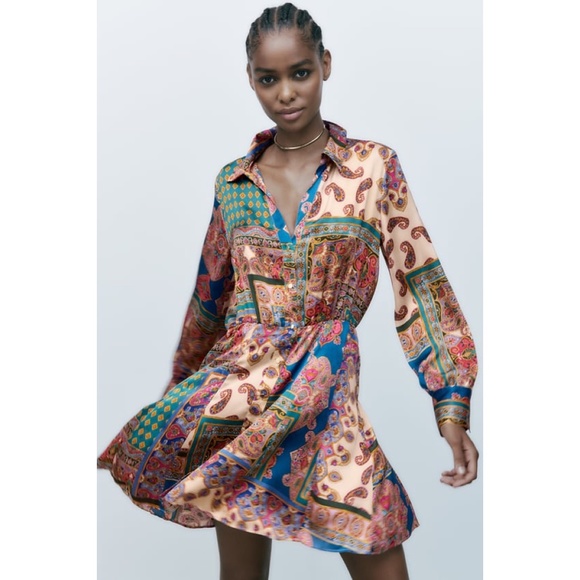 NWT ZARA  PATCHWORK PRINT MINI DRESS MULTICOLORED XS - Picture 1 of 5